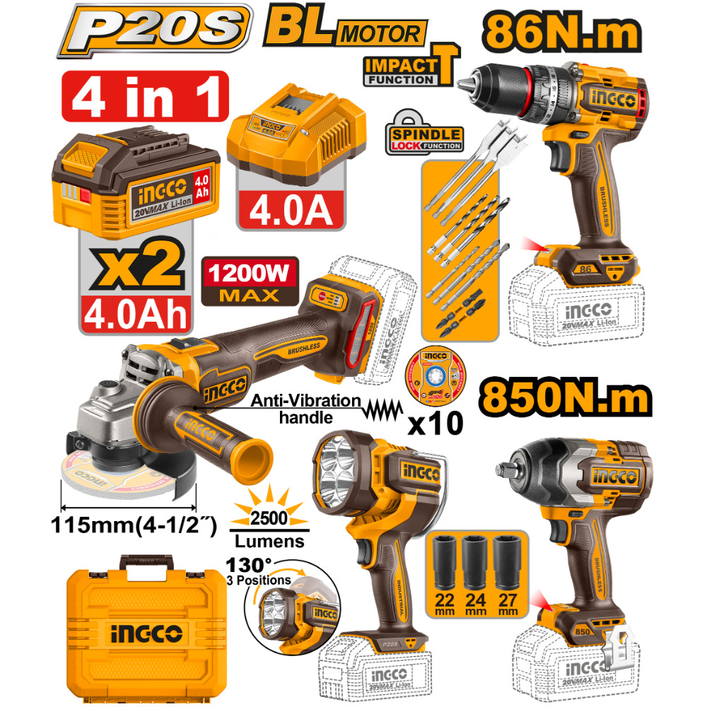 NETO M COSLI251192E AKU SET (BUŠ 86NM+BRUS+UD ODV 850NM+LAMPA) SUPER INGCO